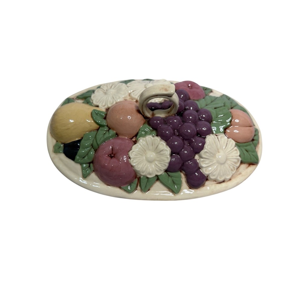 Vintage Cottage Mid Century Ceramic Fruit‎ Floral Covered Dish Tromp L'oeil